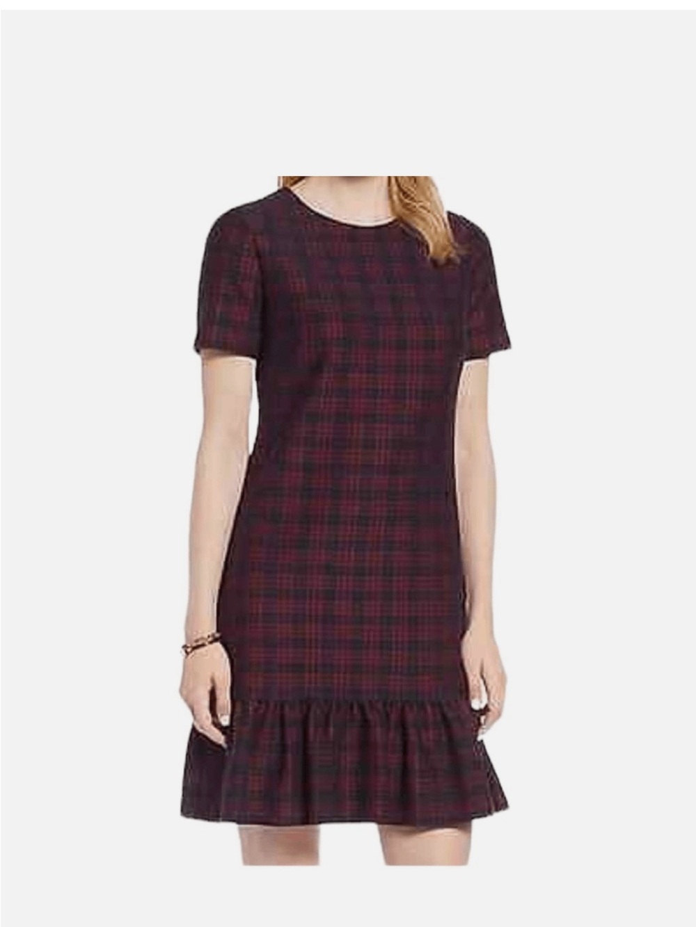1901 Navy and Red Plaid Short Sleeve Ruffle Hem Dress NWT